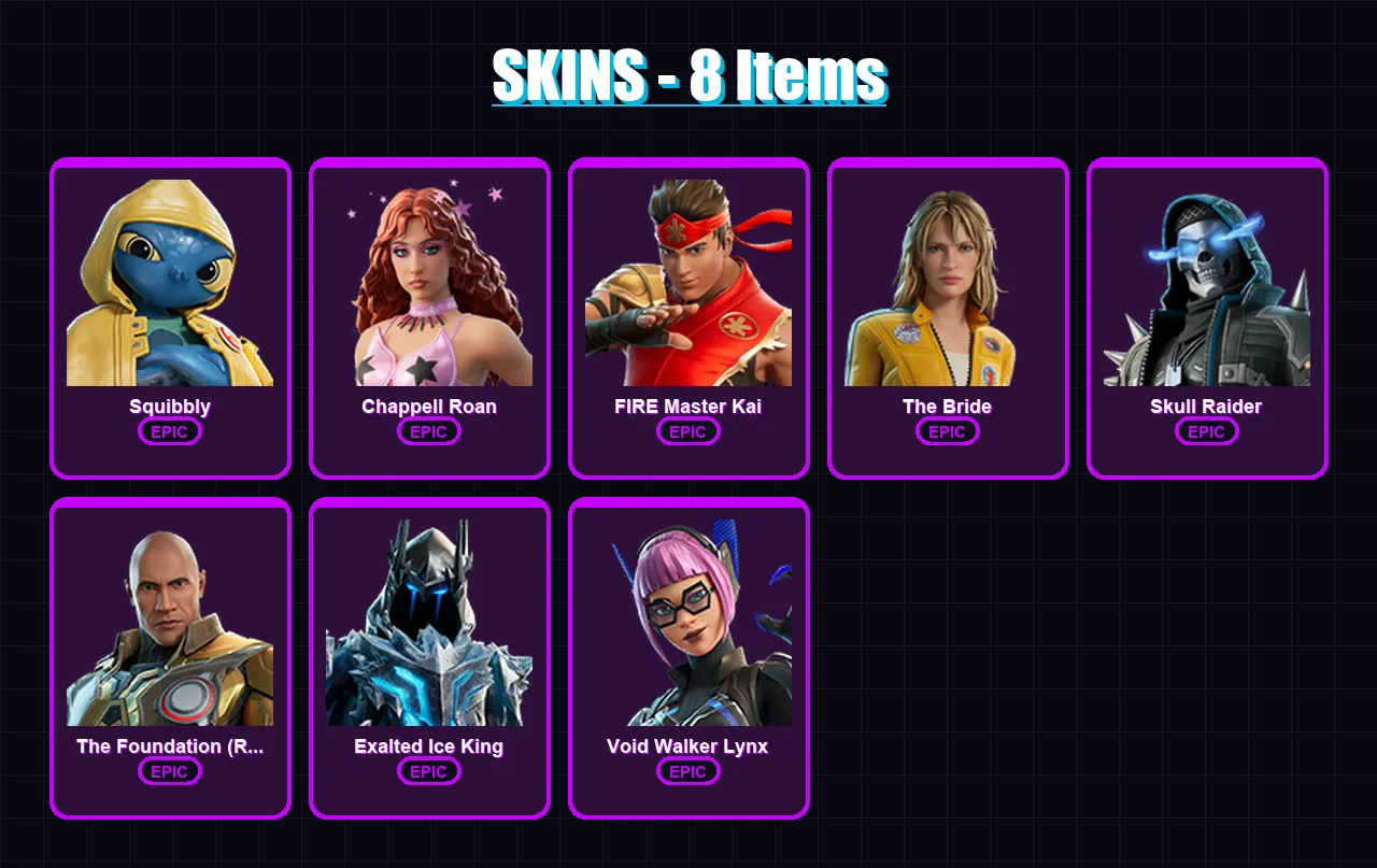 [PC/XBOX/PSN] | Squibbly | Chappell Roan | FIRE Master Kai | The Bride | Skull Raider | 8 skin | 4 pickaxe | 2 emote | 3 glider | Lv11