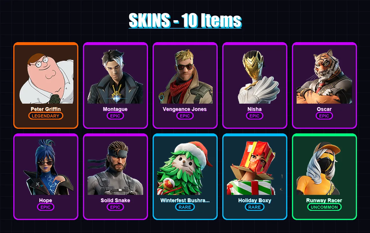 [PC/XBOX/PSN] | Peter Griffin | Montague | Vengeance Jones | Nisha | Oscar | 10 skin | 19 pickaxe | 17 emote | 23 glider | Lv367 — Fortnite account