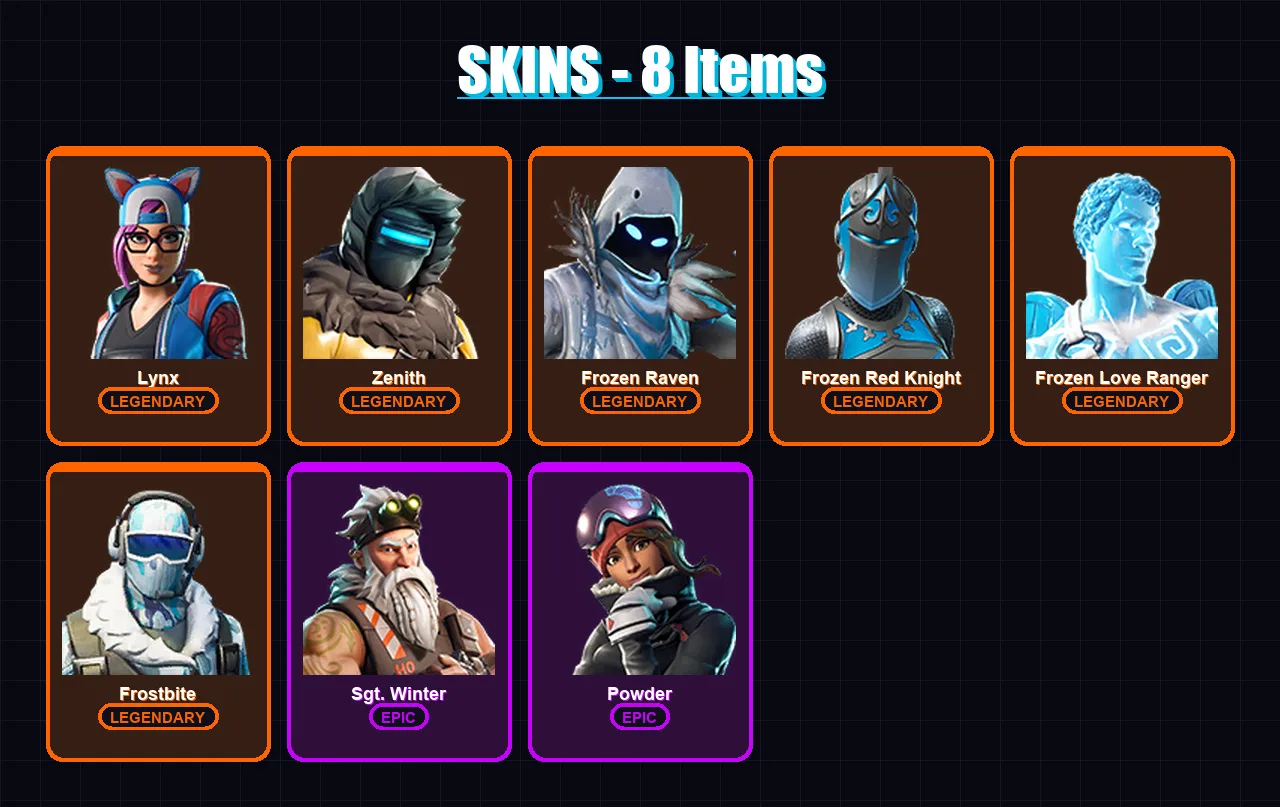 [PS4/PS5/XBOX/PC] | Lynx | Zenith | Frozen Raven | Frozen Red Knight | Frozen Love Ranger | 8 skin | 7 pickaxe | 16 emote | 13 glider | Lv181
