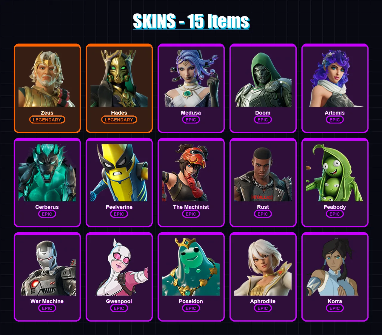 [PS4/PS5/XBOX/PC] | Zeus | Hades | Medusa | Doom | Artemis | 15 skin | 18 pickaxe | 15 emote | 19 glider | Lv209
