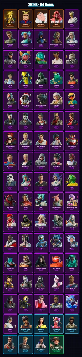 [PC/PSN] | Oro | All Might | Peter Griffin | Valeria | Nisha | 84 skin | 137 pickaxe | 92 emote | 96 glider | Lv1599