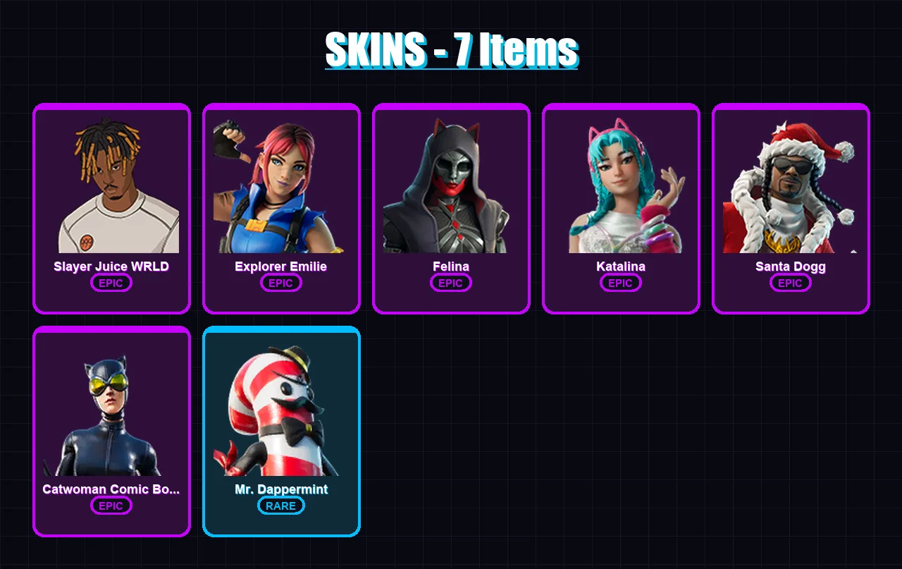 [PC/PSN] | Slayer Juice WRLD | Explorer Emilie | Felina | Katalina | Santa Dogg | 7 skin | 28 pickaxe | 10 emote | 20 glider | Lv164