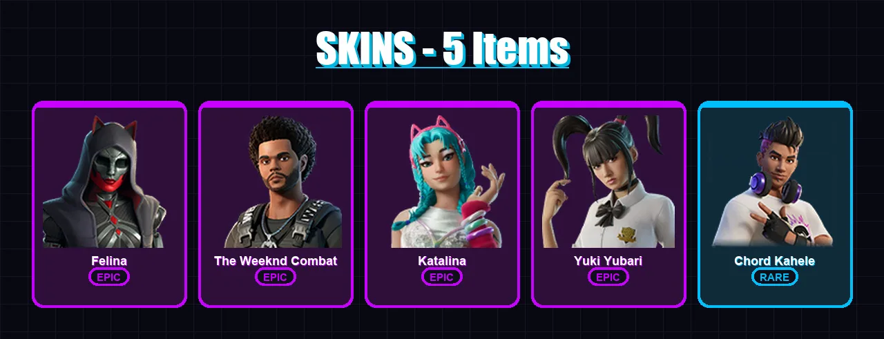 [PC/XBOX/PSN] | Felina | The Weeknd Combat | Katalina | Yuki Yubari | Chord Kahele | 5 skin | 45 pickaxe | 19 emote | 33 glider | Lv519