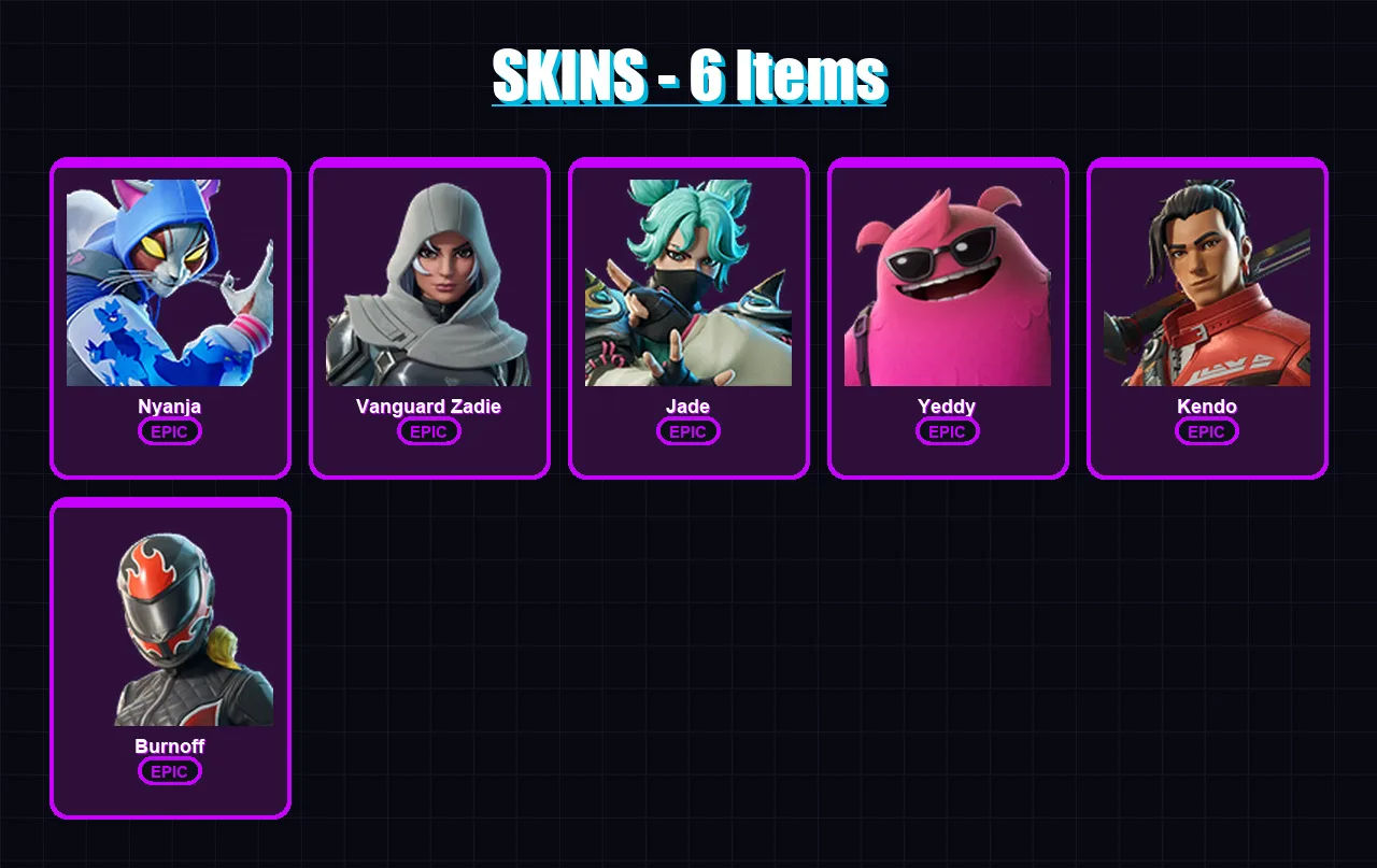 [PC/PSN] | Nyanja | Vanguard Zadie | Jade | Yeddy | Kendo | 6 skin | 30 pickaxe | 14 emote | 23 glider | Lv207