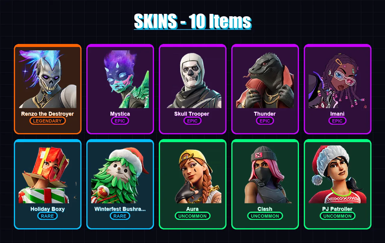 [SWITCH/XBOX/PSN/PC] | Renzo the Destroyer | Mystica | Skull Trooper  | Thunder | Imani | 10 skin | 14 pickaxe | 8 emote | 17 glider | Lv169