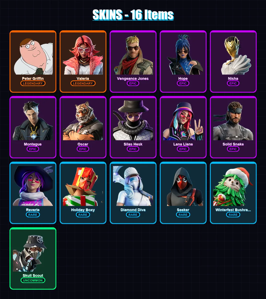 [PC/XBOX/PSN] | Peter Griffin | Valeria | Vengeance Jones | Hope | Nisha | 16 skin | 23 pickaxe | 11 emote | 14 glider | Lv170 — Fortnite account