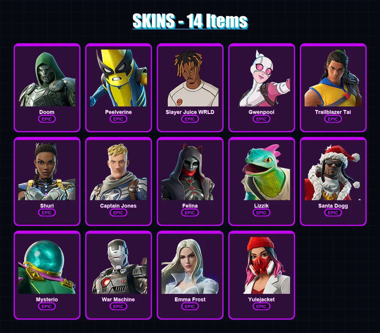 [PC/XBOX/PSN] | Doom | Peelverine | Slayer Juice WRLD | Gwenpool | Trailblazer Tai | 14 skin | 29 pickaxe | 19 emote | 22 glider | Lv301