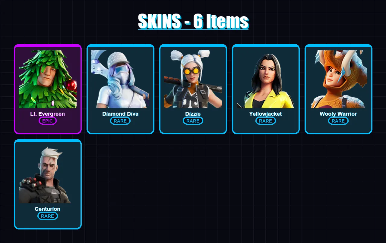 [PC/XBOX/PSN] | Lt. Evergreen | Diamond Diva | Dizzie | Yellowjacket | Wooly Warrior | 6 skin | 10 pickaxe | 12 emote | 9 glider | Lv183