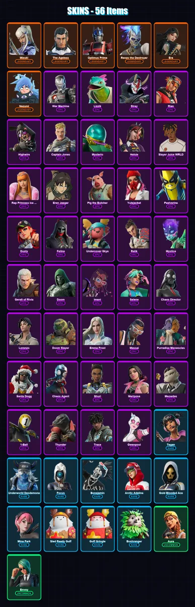 [PC] | Mizuki | The Ageless | Optimus Prime | Renzo the Destroyer | Era | 56 skin | 100 pickaxe | 65 emote | 71 glider | Lv1330