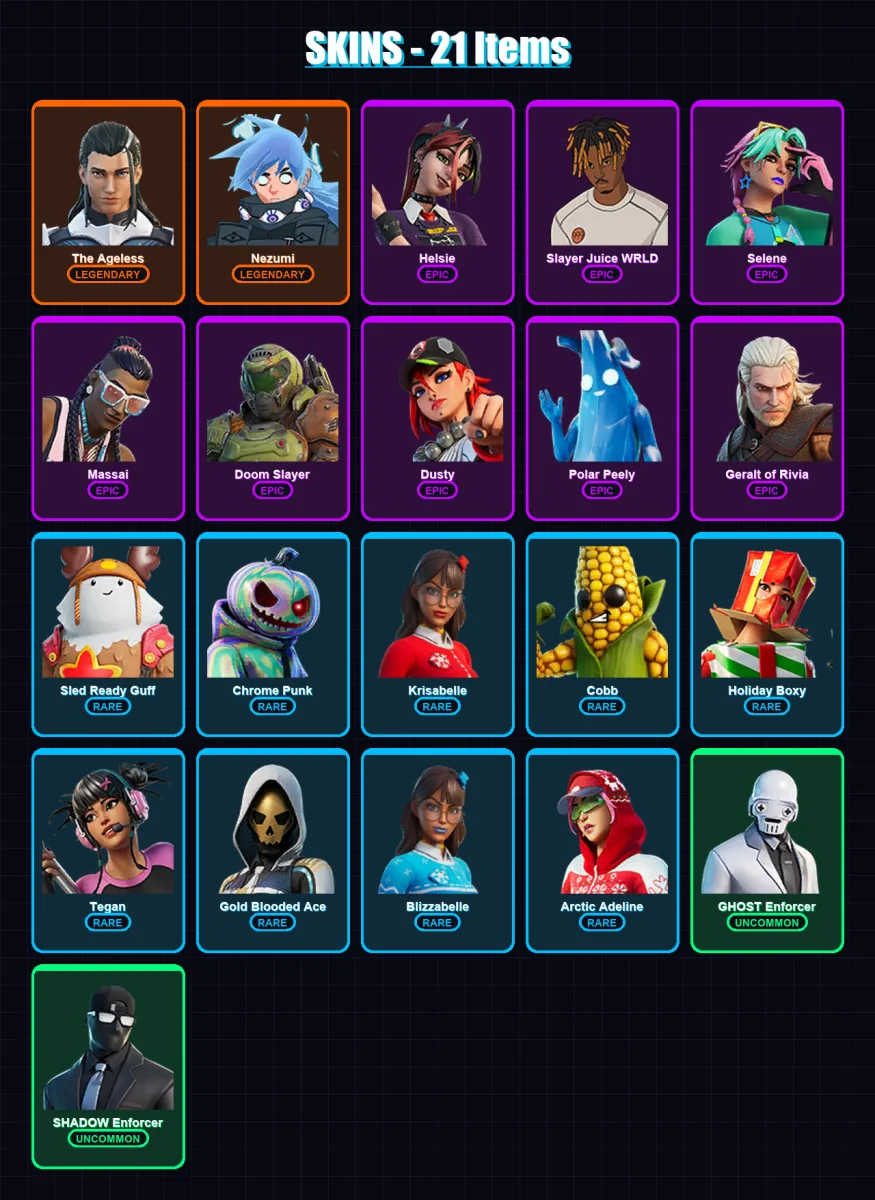 [PC/XBOX/PSN] | The Ageless | Nezumi | Helsie | Slayer Juice WRLD | Selene | 21 skin | 45 pickaxe | 40 emote | 49 glider | Lv922