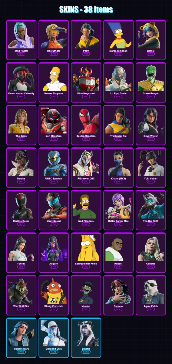 [PC/PSN] | Jana Pastel | Tide Strider | Polly | Marge Simpson | Bernie | 38 skin | 57 pickaxe | 41 emote | 32 glider | Lv548