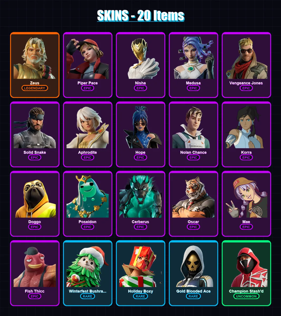 [SWITCH/XBOX/PSN/PC] | Zeus | Piper Pace | Nisha | Medusa | Vengeance Jones | 20 skin | 48 pickaxe | 36 emote | 45 glider | Lv582