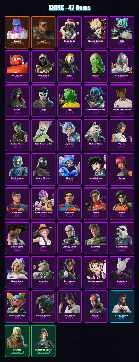 [PC/PSN] | Kymera | Joey | Santa Dogg | Katsuki Bakugo | Jade | 47 skin | 82 pickaxe | 51 emote | 53 glider | Lv738