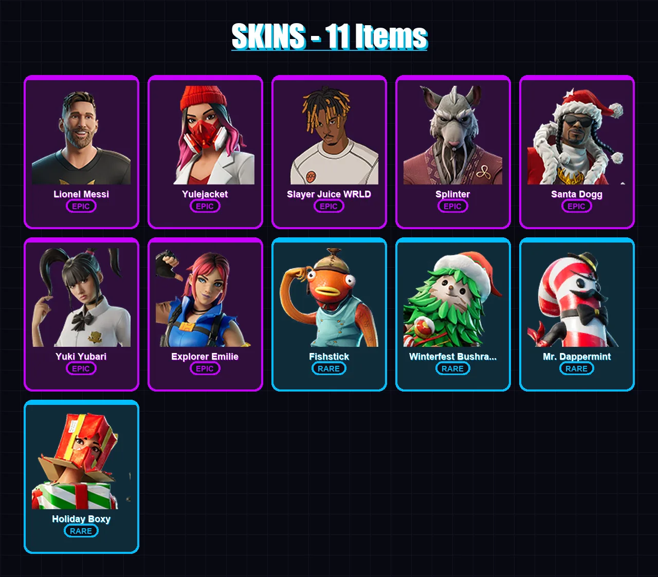 [PC/PSN] | Lionel Messi | Yulejacket | Slayer Juice WRLD | Splinter | Santa Dogg | 11 skin | 31 pickaxe | 12 emote | 16 glider | Lv215