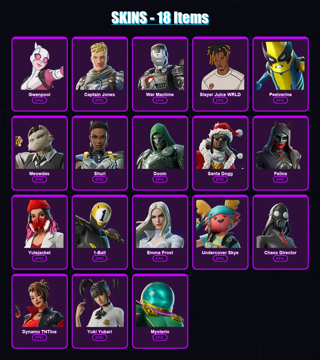 [PC/PSN] | Gwenpool | Captain Jones | War Machine | Slayer Juice WRLD | Peelverine | 18 skin | 57 pickaxe | 29 emote | 41 glider | Lv740 — Fortnite account