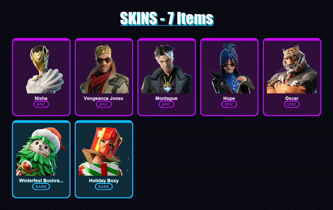 [PC/XBOX/PSN] | Nisha | Vengeance Jones | Montague | Hope | Oscar | 7 skin | 17 pickaxe | 9 emote | 19 glider | Lv144