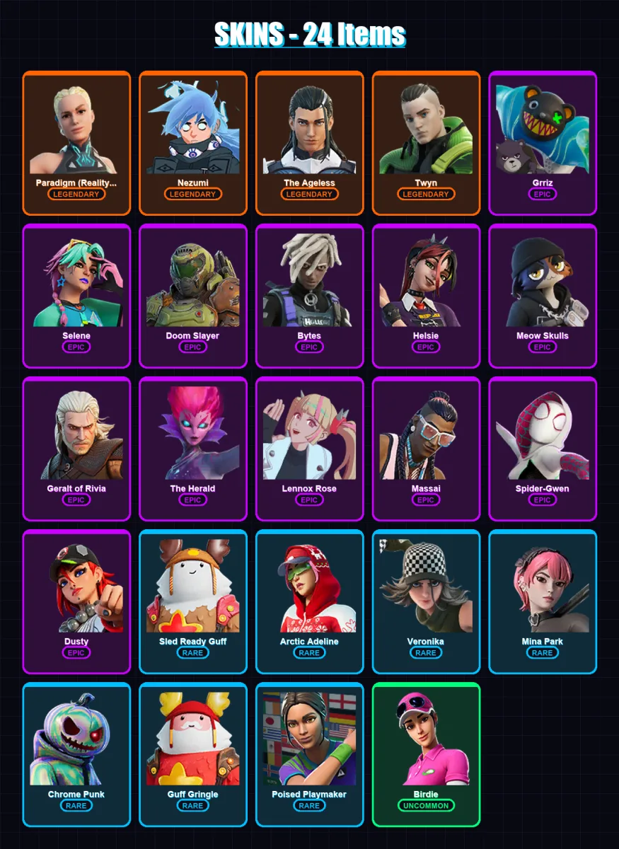 [PC/XBOX/PSN] | Paradigm (Reality-659) | Nezumi | The Ageless | Twyn | Grriz | 24 skin | 30 pickaxe | 24 emote | 28 glider | Lv400