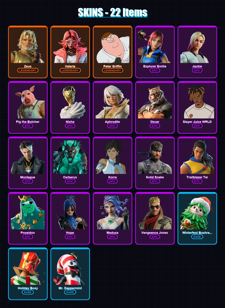 [PC/XBOX/PSN] | Zeus | Valeria | Peter Griffin | Explorer Emilie | Jackie | 22 skin | 34 pickaxe | 42 emote | 31 glider | Lv398
