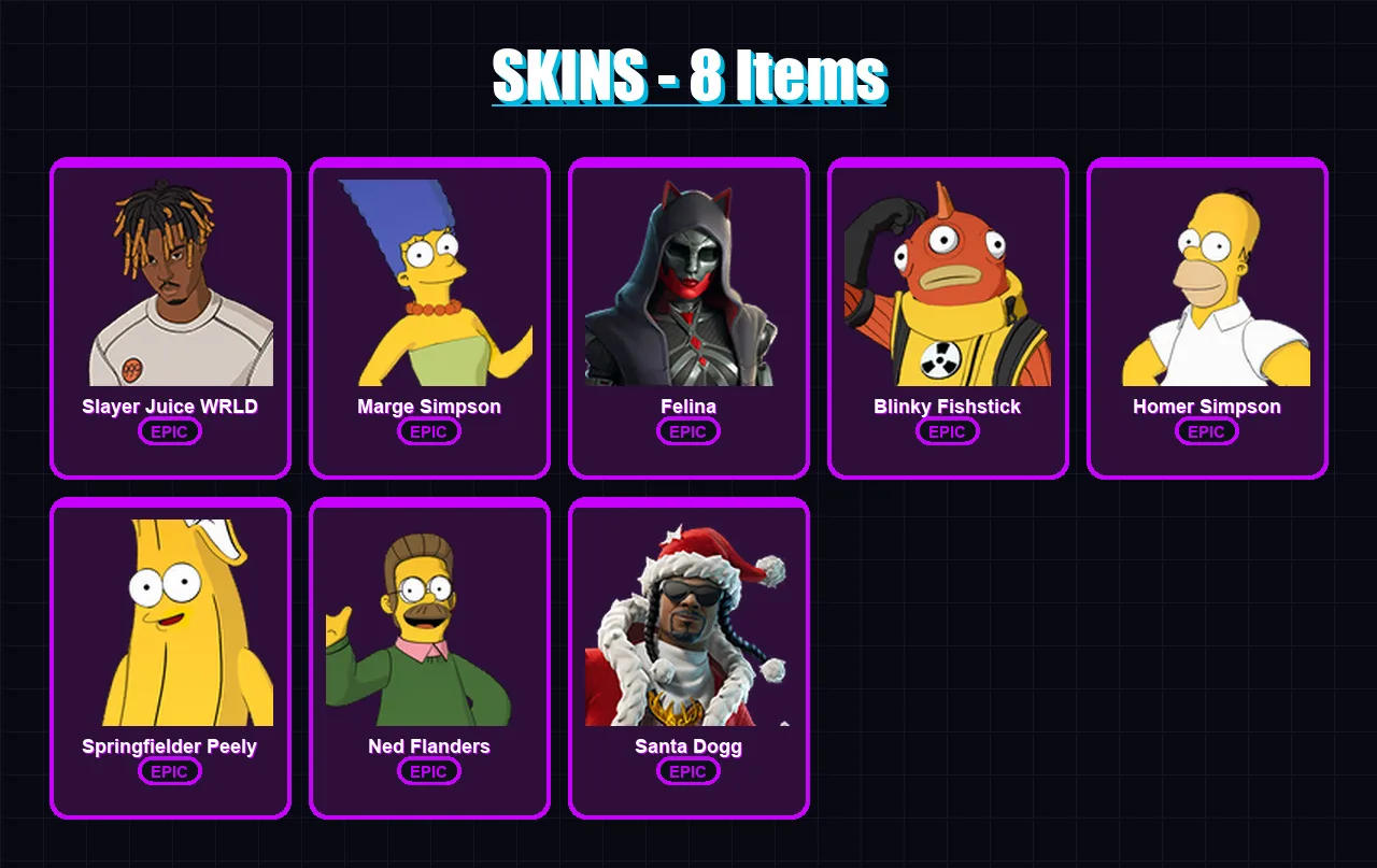[PC/XBOX] | Slayer Juice WRLD | Marge Simpson | Felina | Blinky Fishstick | Homer Simpson | 8 skin | 39 pickaxe | 16 emote | 30 glider | Lv367