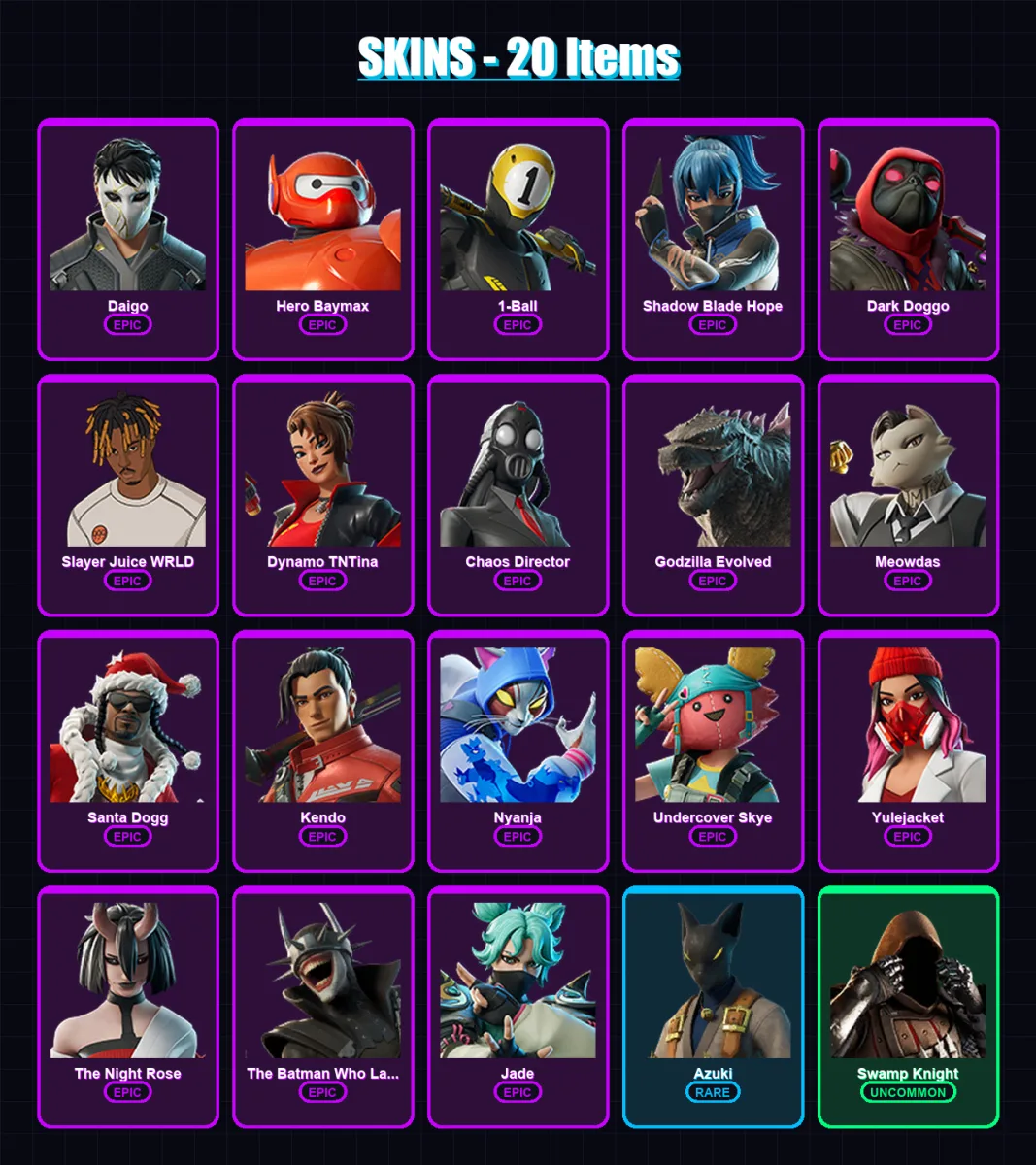 [PC/XBOX/PSN] | Daigo | Hero Baymax | 1-Ball | Shadow Blade Hope | Dark Doggo | 20 skin | 28 pickaxe | 17 emote | 18 glider | Lv258 — Fortnite account