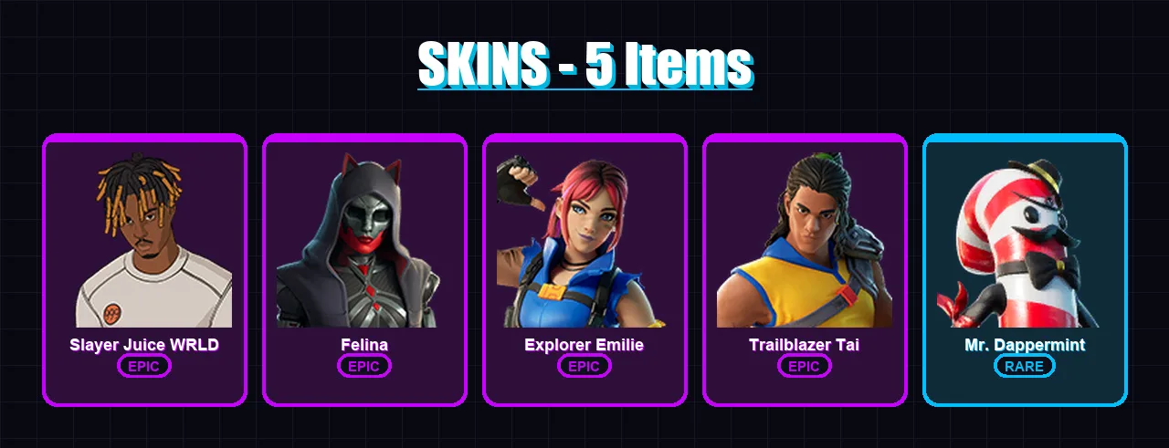 [PC/PSN] | Slayer Juice WRLD | Felina | Explorer Emilie | Trailblazer Tai | Mr. Dappermint | 5 skin | 16 pickaxe | 7 emote | 10 glider | Lv161