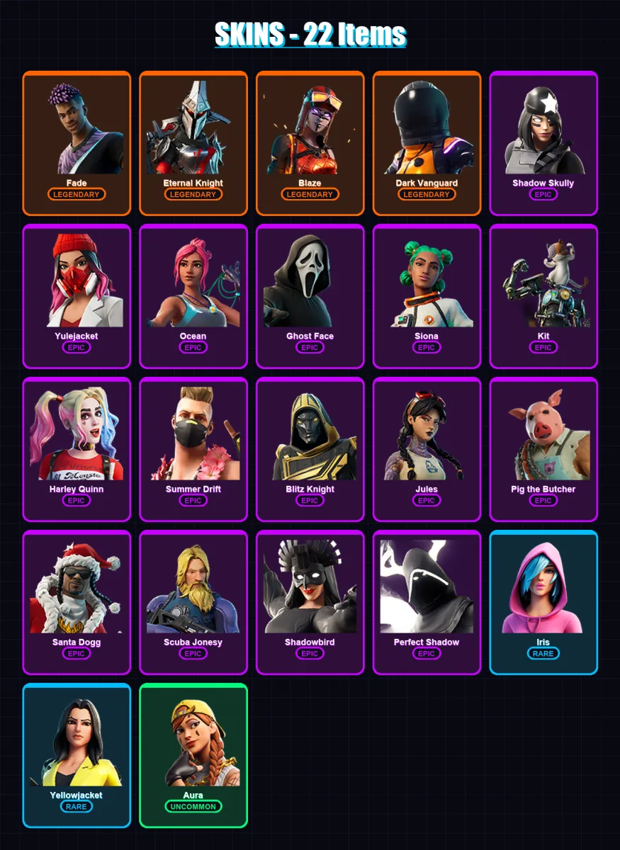 [PS4/PS5/XBOX/PC] | Fade | Eternal Knight | Blaze | Dark Vanguard | Shadow Skully | 22 skin | 50 pickaxe | 40 emote | 36 glider | Lv397