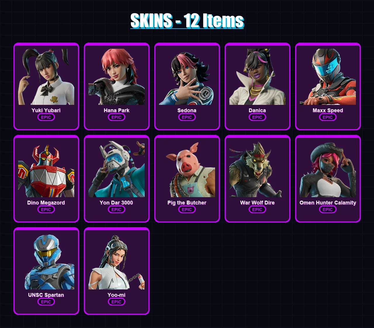 [PC/PSN] | Yuki Yubari | Hana Park | Sedona | Danica | Maxx Speed | 12 skin | 17 pickaxe | 11 emote | 8 glider | Lv45