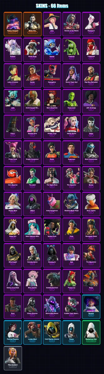 [SWITCH/XBOX/PC] | Galaxy Grappler | Midas Rex | Joss | Haruka of the Masks | Gwenpool | 66 skin | 75 pickaxe | 38 emote | 36 glider | Lv221