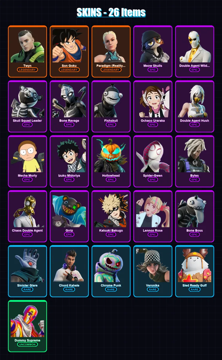 [PC/XBOX/PSN] | Twyn | Son Goku | Paradigm (Reality-659) | Meow Skulls | Double Agent Wildcard | 26 skin | 24 pickaxe | 15 emote | 21 glider | Lv277 — Fortnite account