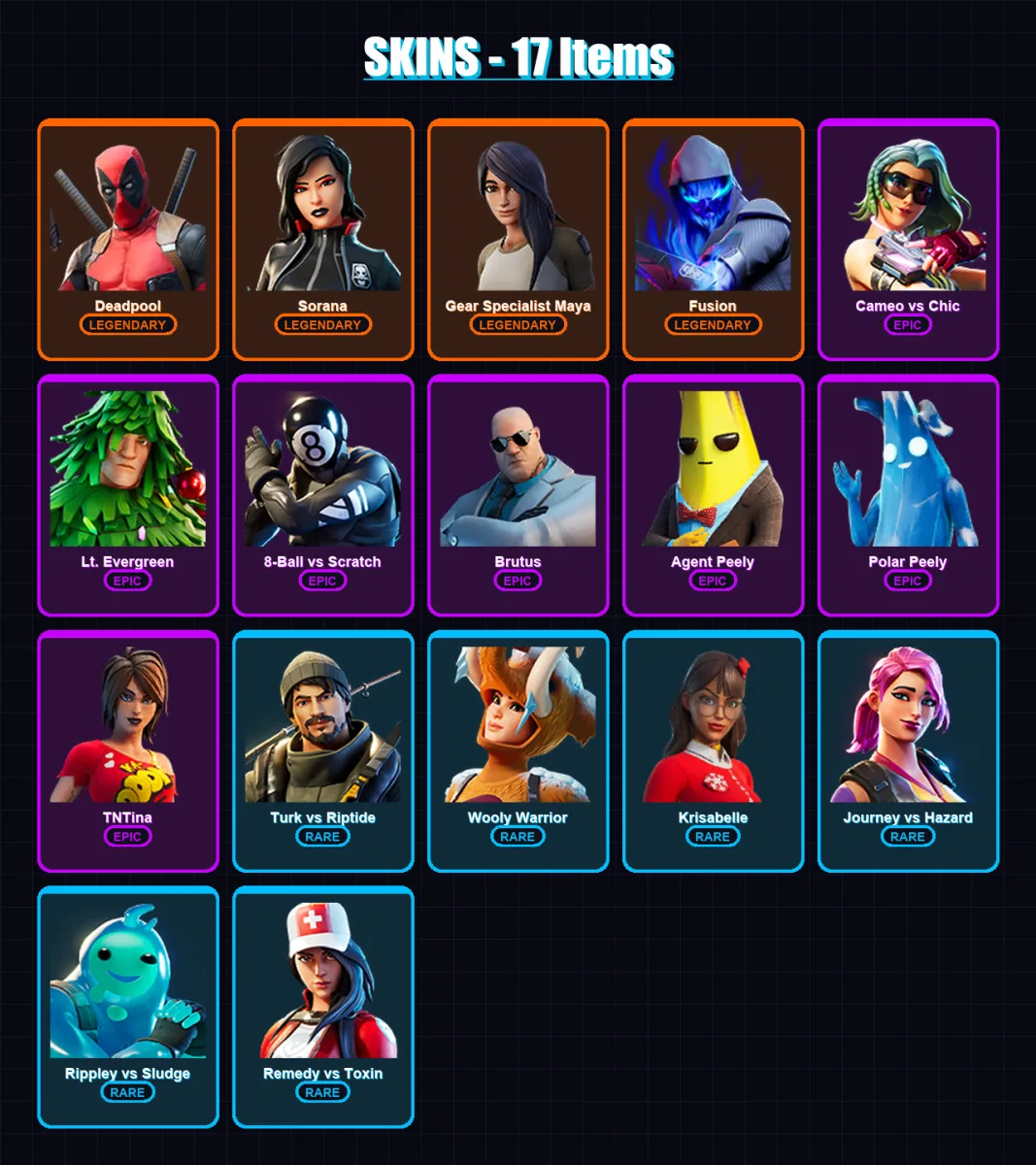 [PC/XBOX/PSN] | Deadpool | Sorana | Gear Specialist Maya | Fusion | Cameo vs Chic | 17 skin | 18 pickaxe | 18 emote | 16 glider | Lv286