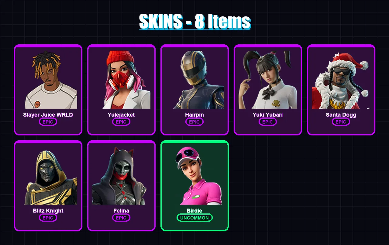 [PC] | Slayer Juice WRLD | Yulejacket | Hairpin | Yuki Yubari | Santa Dogg | 8 skin | 51 pickaxe | 20 emote | 36 glider | Lv399