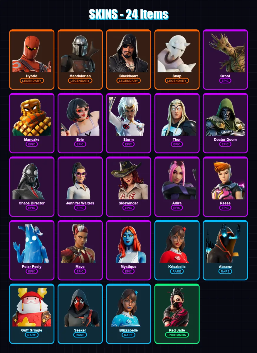[PC/XBOX/PSN] | Hybrid | Mandalorian | Blackheart | Snap | Groot | 24 skin | 47 pickaxe | 33 emote | 48 glider | Lv624