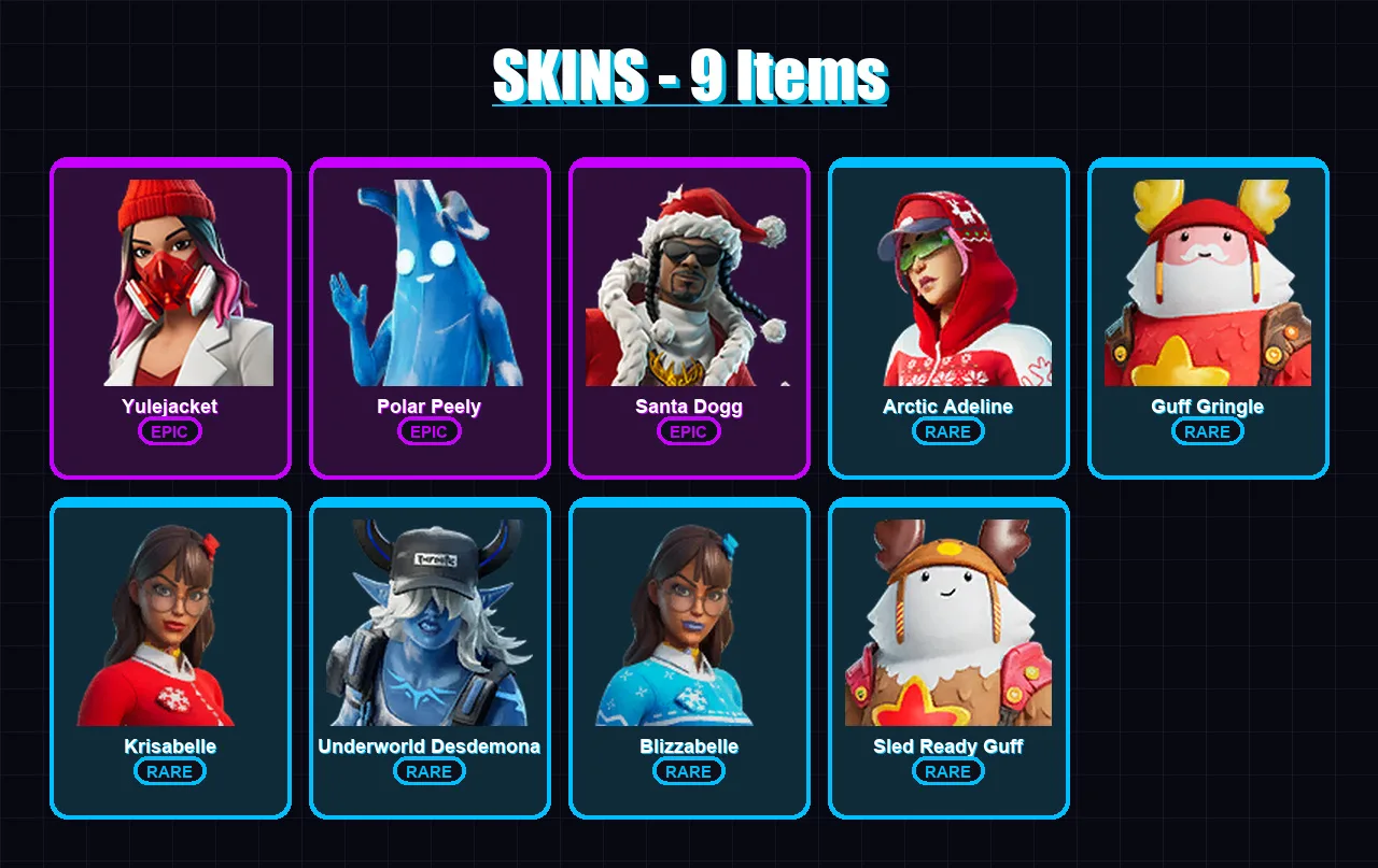 [PC/XBOX/PSN] | Yulejacket | Polar Peely | Santa Dogg | Arctic Adeline | Guff Gringle | 9 skin | 33 pickaxe | 16 emote | 29 glider | Lv429