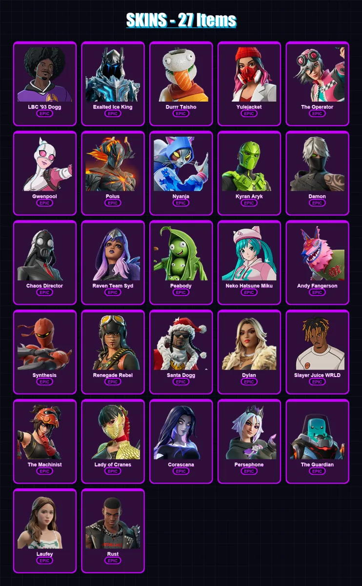 [PC/PSN] | LBC '93 Dogg | Exalted Ice King | Durrr Taisho | Yulejacket | The Operator | 27 skin | 28 pickaxe | 13 emote | 16 glider | Lv72
