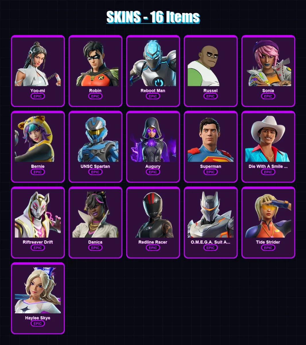 [PC/XBOX/PSN] | Yoo-mi | Robin | Reboot Man | Russel | Sonia | 16 skin | 23 pickaxe | 13 emote | 16 glider | Lv80 — Fortnite account