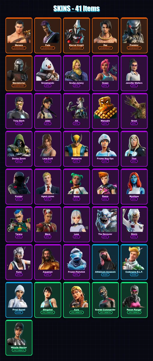 [PC/XBOX/PSN] | Menace | Fade | Eternal Knight | Raz | Predator | 41 skin | 39 pickaxe | 25 emote | 34 glider | Lv464