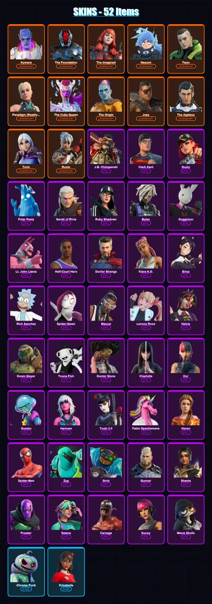 [PC/PSN] | Kymera | The Foundation | The Imagined | Nezumi | Twyn | 52 skin | 58 pickaxe | 41 emote | 57 glider | Lv1327