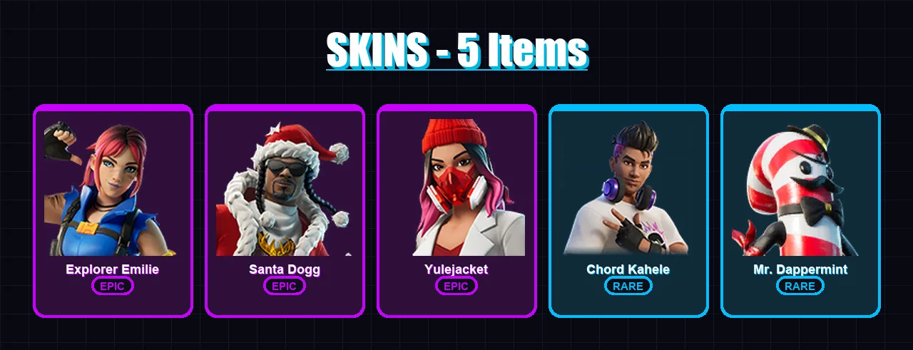 [PC/XBOX/PSN] | Explorer Emilie | Santa Dogg | Yulejacket | Chord Kahele | Mr. Dappermint | 5 skin | 6 pickaxe | 2 emote | 3 glider | Lv17