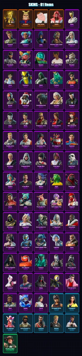 [PC/PSN] | Oro | All Might | Peter Griffin | Valeria | Nisha | 81 skin | 129 pickaxe | 86 emote | 88 glider | Lv1548
