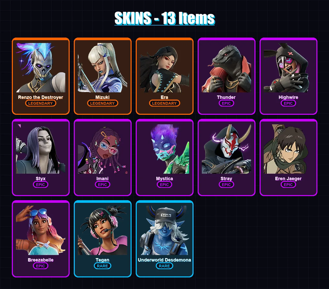 [PC/PSN] | Renzo the Destroyer | Mizuki | Era | Thunder | Highwire | 13 skin | 14 pickaxe | 11 emote | 11 glider | Lv106