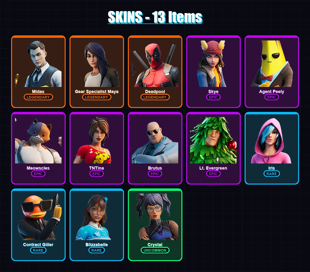 [PC/XBOX/PSN] | Midas | Gear Specialist Maya | Deadpool | Skye | Agent Peely | 13 skin | 18 pickaxe | 14 emote | 19 glider | Lv263