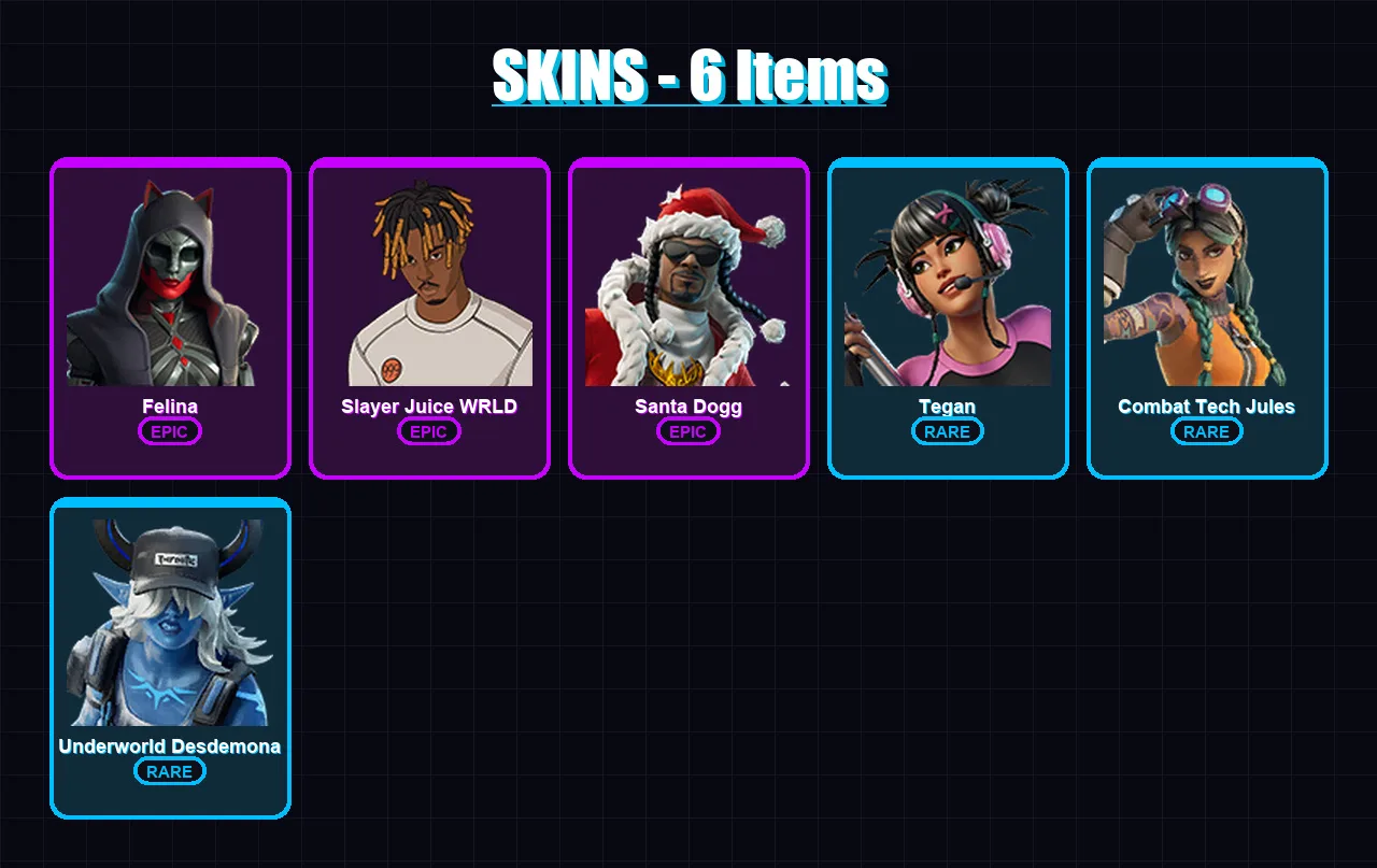 [PC/PSN] | Felina | Slayer Juice WRLD | Santa Dogg | Tegan | Combat Tech Jules | 6 skin | 45 pickaxe | 20 emote | 23 glider | Lv387