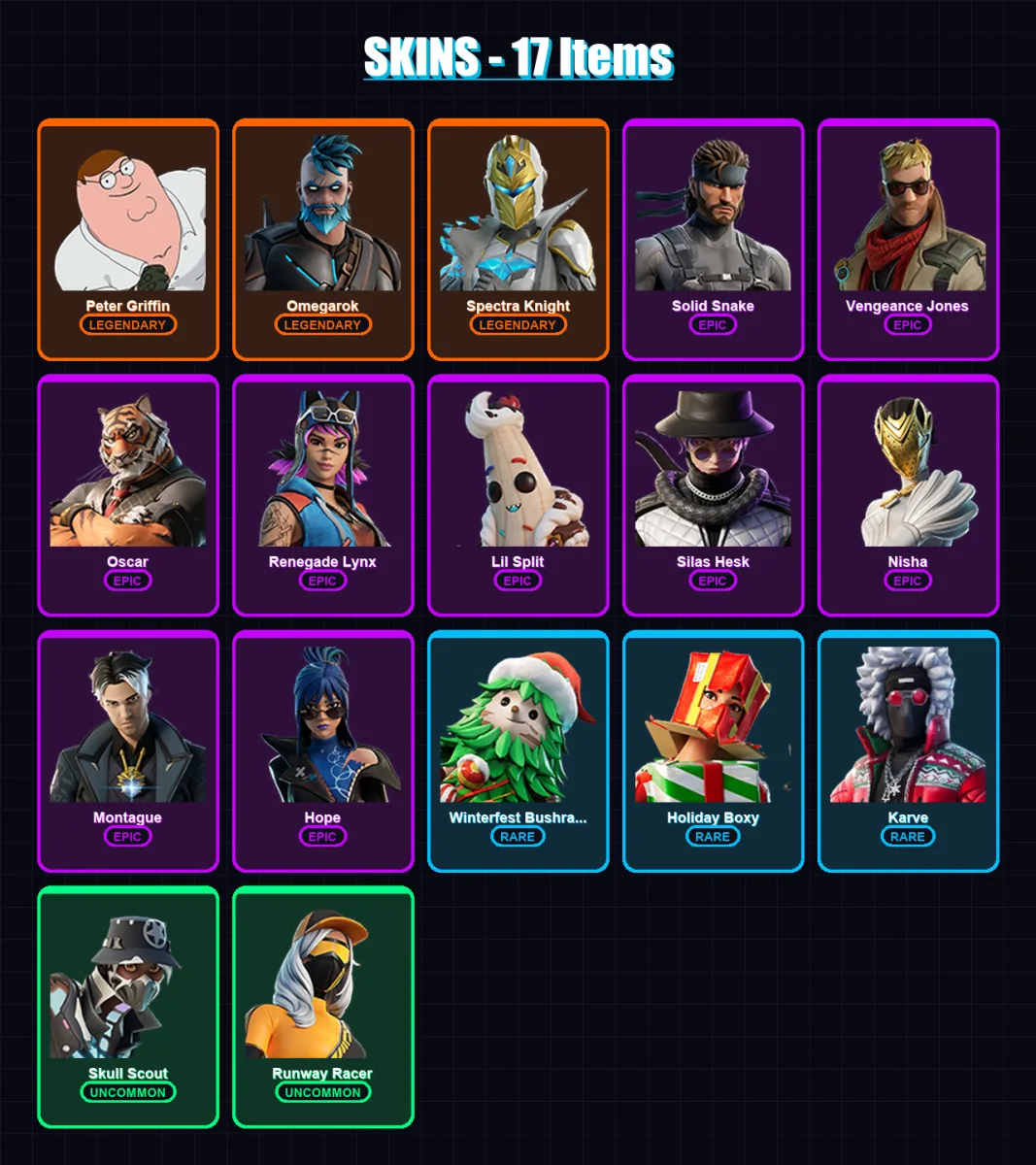 [PC/XBOX] | Peter Griffin | Omegarok | Spectra Knight | Solid Snake | Vengeance Jones | 17 skin | 25 pickaxe | 17 emote | 22 glider | Lv246