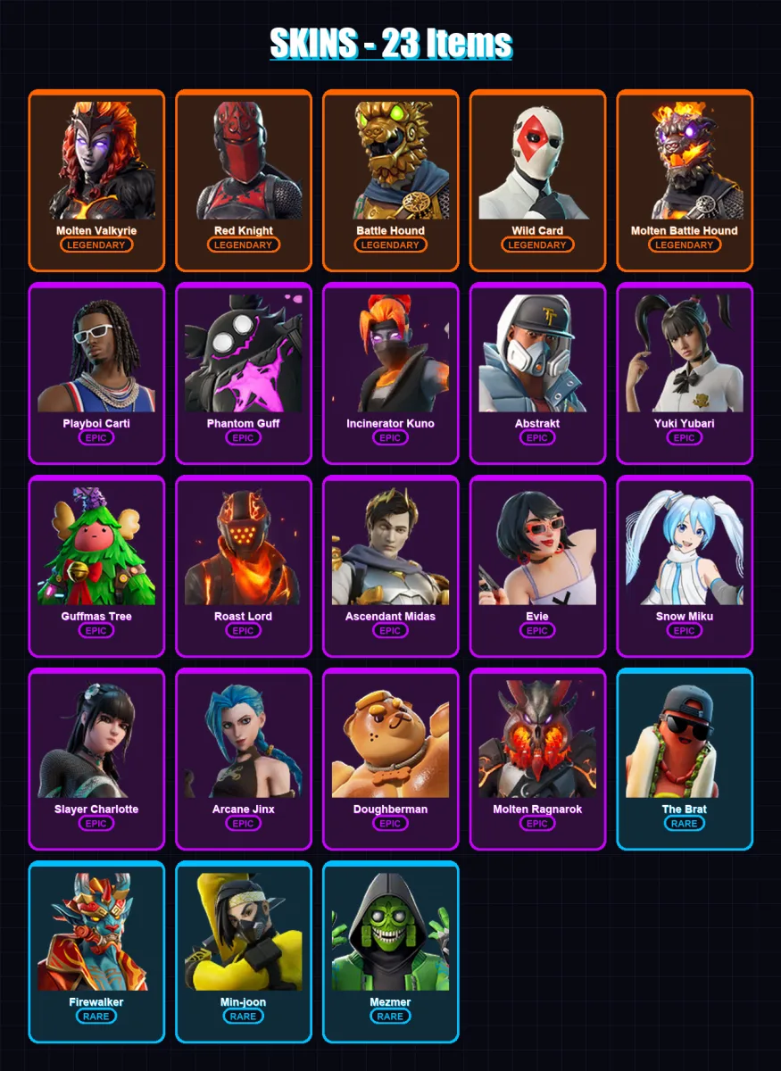 [PC/XBOX/PSN] | Molten Valkyrie | Red Knight | Battle Hound | Wild Card | Molten Battle Hound | 23 skin | 19 pickaxe | 14 emote | 12 glider | Lv132
