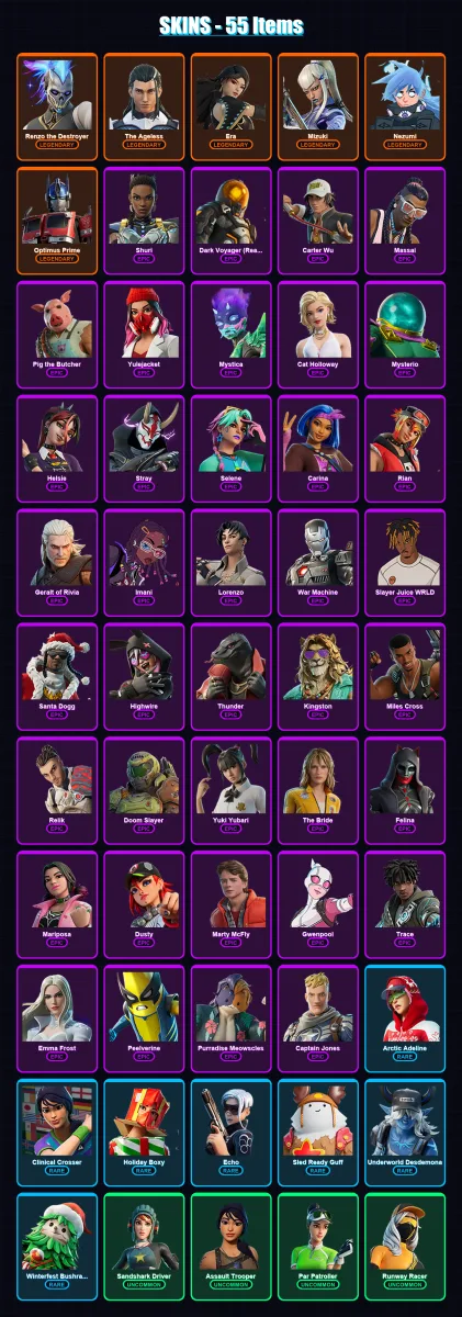 [PC/XBOX/PSN] | Renzo the Destroyer | The Ageless | Era | Mizuki | Nezumi | 55 skin | 122 pickaxe | 66 emote | 90 glider | Lv1729