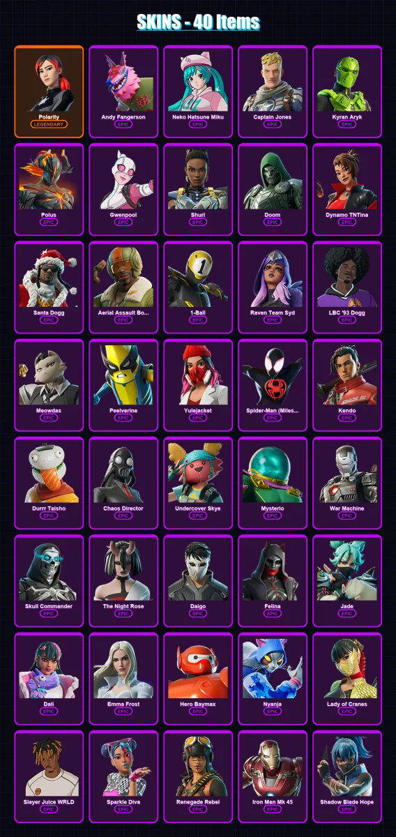 [PC/XBOX/PSN] | Polarity | Andy Fangerson | Neko Hatsune Miku | Captain Jones | Kyran Aryk | 40 skin | 47 pickaxe | 32 emote | 28 glider | Lv521