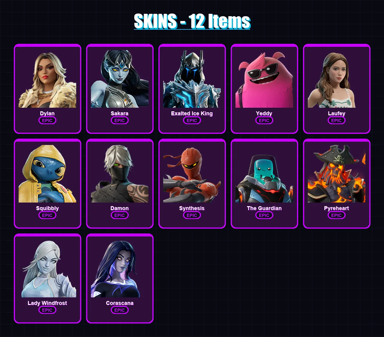 [PC/PSN] | Dylan | Sakara | Exalted Ice King | Yeddy | Laufey | 12 skin | 15 pickaxe | 7 emote | 10 glider | Lv40