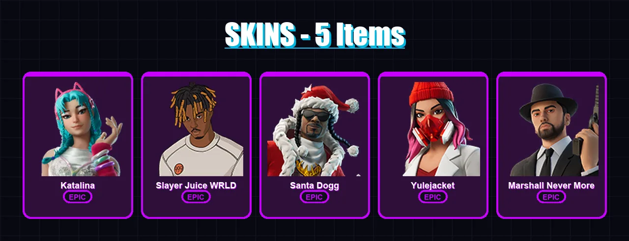 [PC/XBOX/PSN] | Katalina | Slayer Juice WRLD | Santa Dogg | Yulejacket | Marshall Never More | 5 skin | 25 pickaxe | 12 emote | 21 glider | Lv205