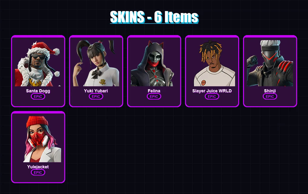 [PS4/PS5/XBOX/PC] | Santa Dogg | Yuki Yubari | Felina | Slayer Juice WRLD | Shinji | 6 skin | 26 pickaxe | 8 emote | 15 glider | Lv175