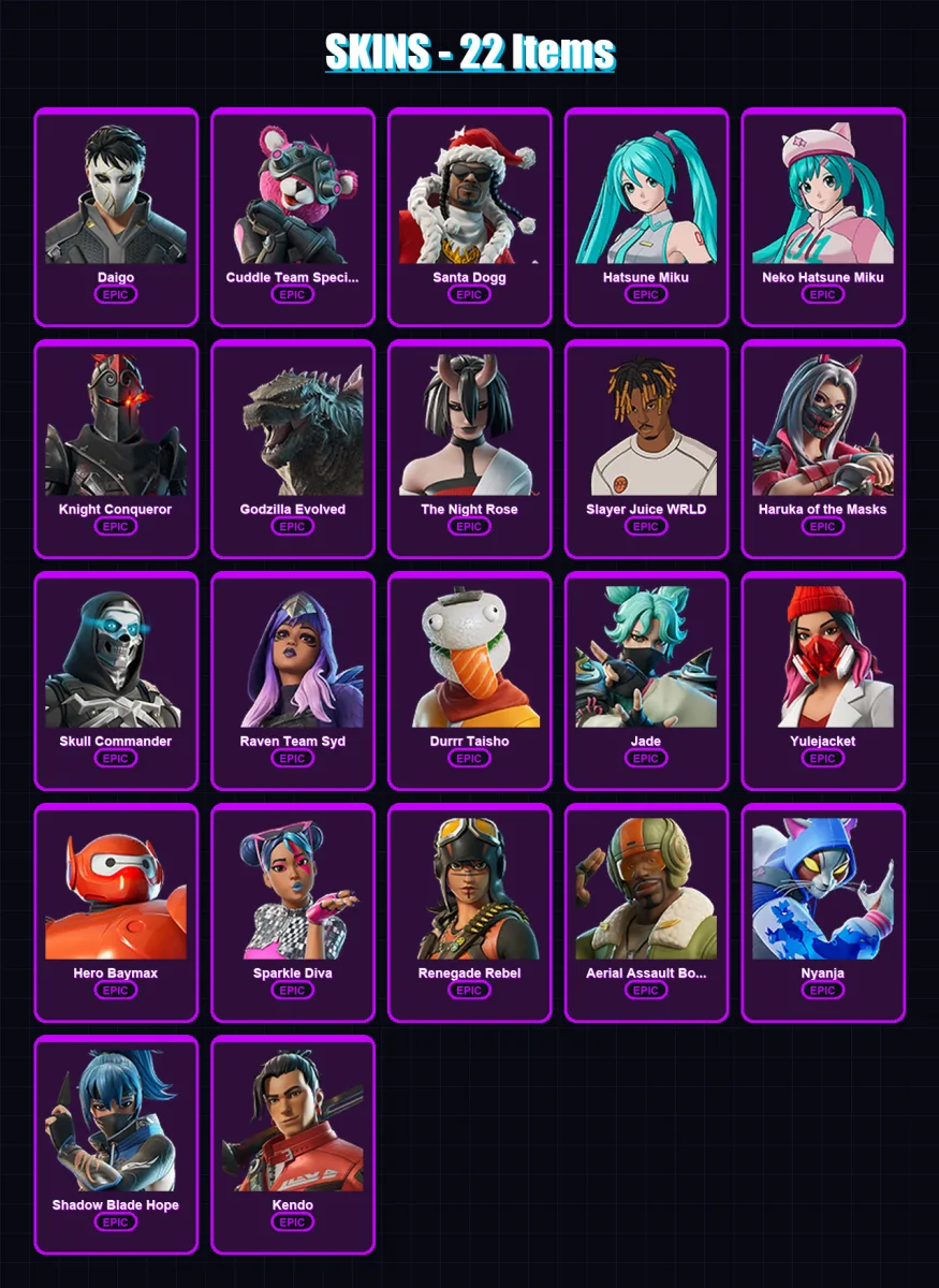 [PS4/PS5/PC] | Daigo | Cuddle Team Specialist | Santa Dogg | Hatsune Miku | Neko Hatsune Miku | 22 skin | 41 pickaxe | 26 emote | 29 glider | Lv285